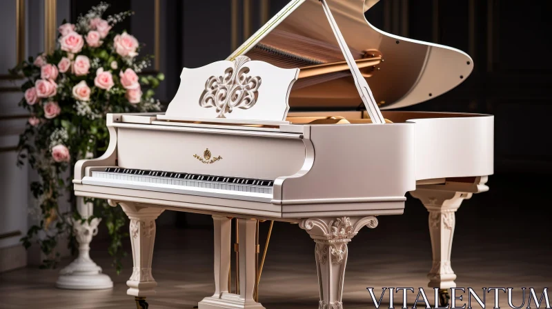 Elegant White Grand Piano with Pink Roses in Dark Room AI Image