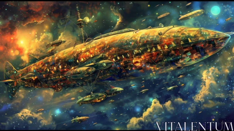 Luxurious Steampunk Airship in Starry Sky AI Image