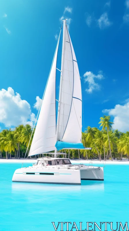 Sailing Catamaran in Tropical Bay AI Image
