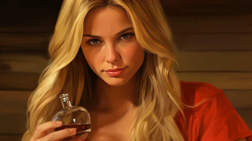 Serious Young Woman Portrait with Whiskey Bottle