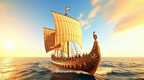 Viking Ship Sailing on Rough Sea - Digital Art