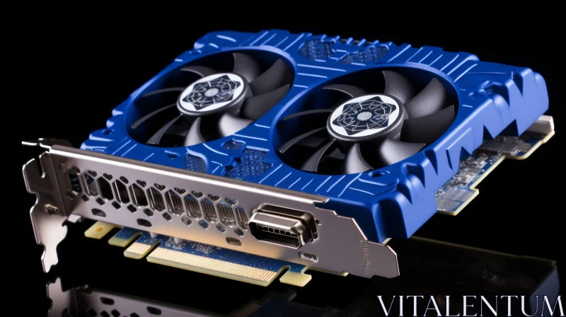 Blue and Black Graphics Card with Fans on Reflective Surface AI Image