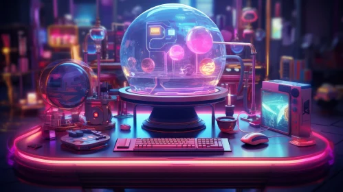 Futuristic Computer Workstation with Glass Sphere