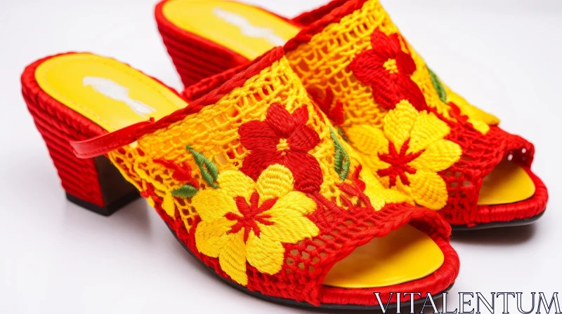 AI ART Handmade Yellow and Red Floral Embroidered Raffia Slippers