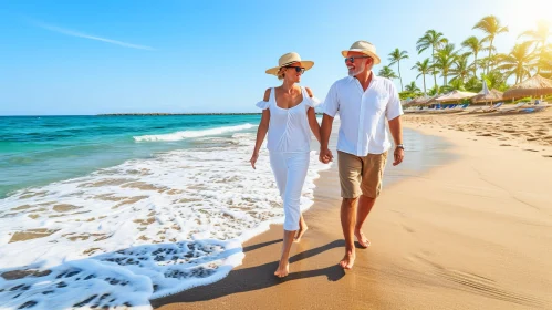 Serene Beach Scene with Couple Walking Hand in Hand