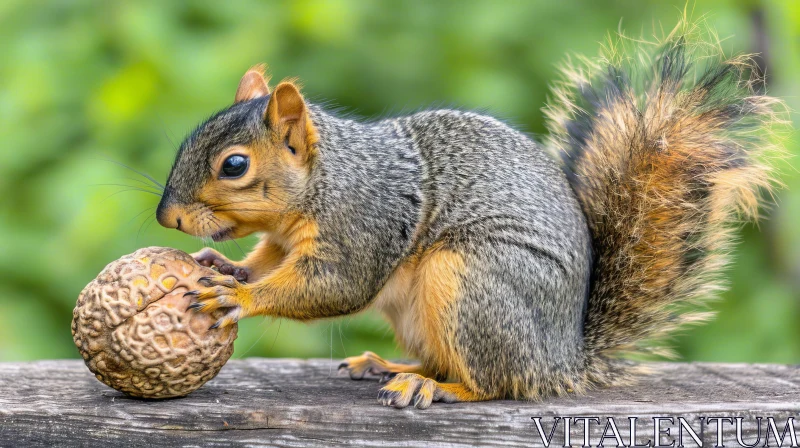 AI ART Squirrel on Wooden Fence with Nut - Close-up Nature Photography