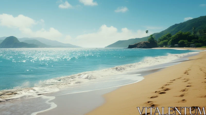 Tranquil Beach Scene with Palm Trees and Waves AI Image