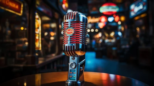 Vintage Microphone on Table with Neon Lights