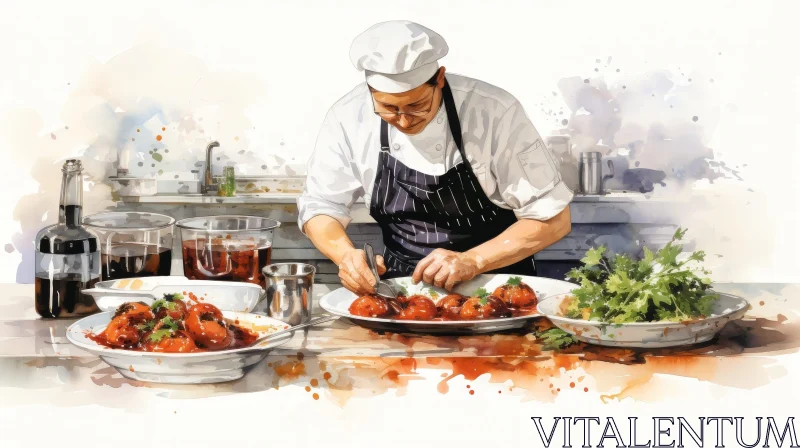 Chef Plating Dish in Restaurant Kitchen AI Image