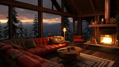 Cozy Living Room with Fireplace and Snowy Mountain View