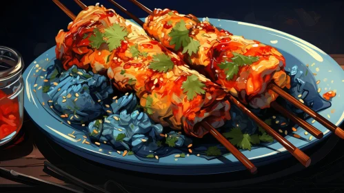 Delicious Chicken Satay Still Life on Blue Plate