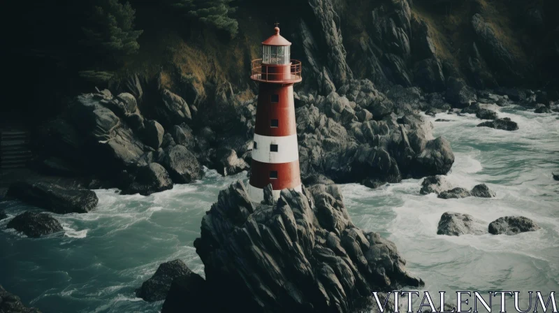 Dramatic Digital Painting of a Red and White Lighthouse on Rocky Coast AI Image