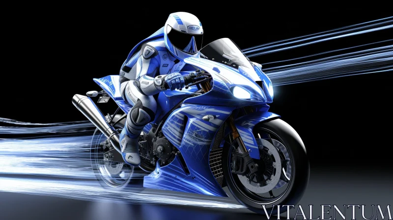 Dynamic Motorcyclist Riding Blue Sport Motorcycle AI Image