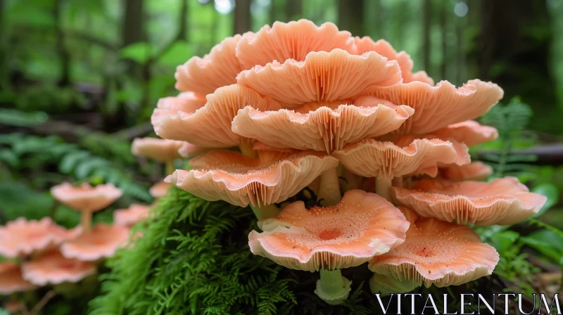 AI ART Enchanting Mushroom Cluster on Mossy Log in Forest