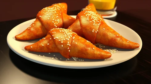 Golden Brown Croissants with Sesame Seeds on White Plate