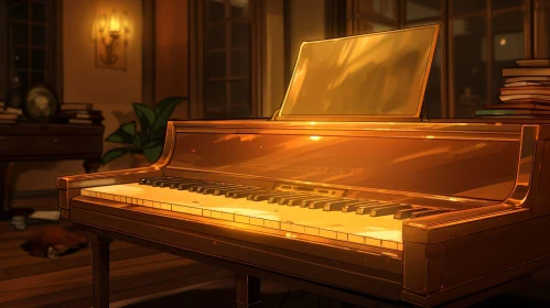 Golden Piano in Dimly Lit Room