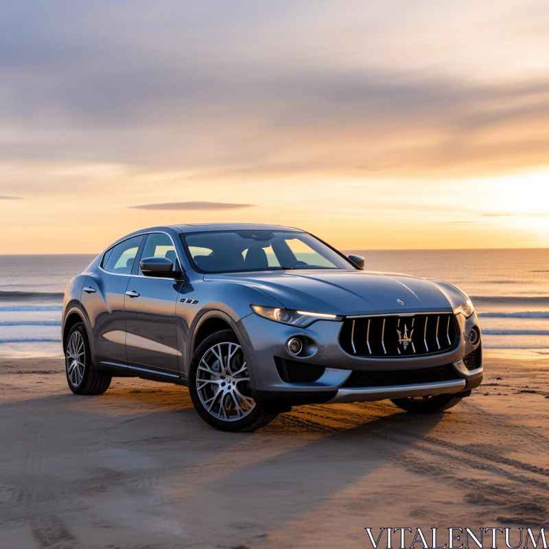 AI ART Gray Maserati Levante on Beach: Richly Colored Skies, Stark Contrast of Light and Shadow