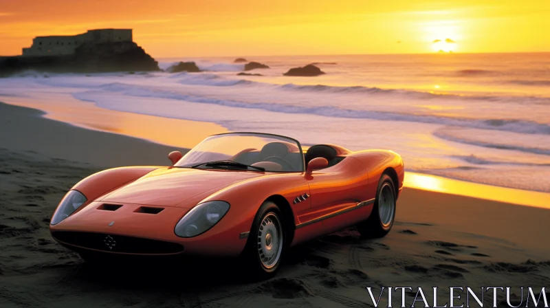 Orange Sports Car on Beach: A Captivating Sunset Scene AI Image