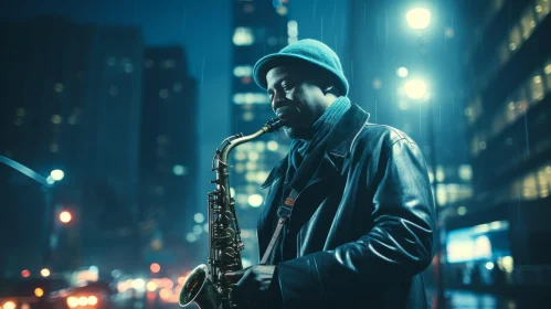 Street Musician Playing Saxophone in Rainy Night