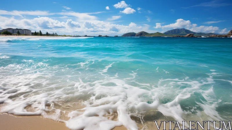 Tranquil Beach Scene with Gentle Waves and Green Hills AI Image