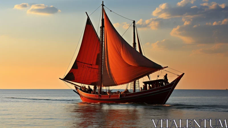AI ART Tranquil Sunset Voyage on a Red-Sailed Ship