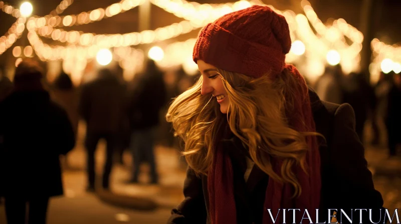 Urban Fashion Street Style - Young Woman in Red Beanie and Scarf AI Image