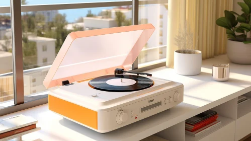 Vintage Record Player on White Shelf by Window