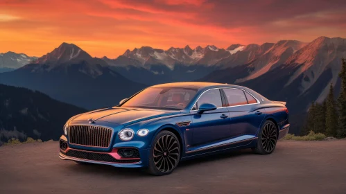 Blue Bentley Flying Spur: Luxury Car on Mountain Road