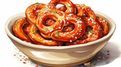Delicious Watercolor Painting of Pretzels in a Bowl