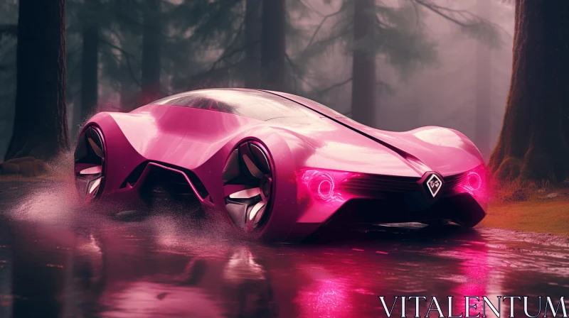 Futuristic Pink Car Driving Through Rainy Forest