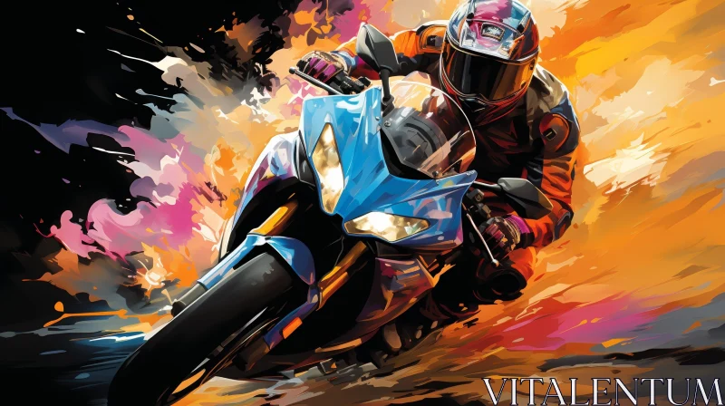 AI ART Man Riding Blue Motorcycle Painting