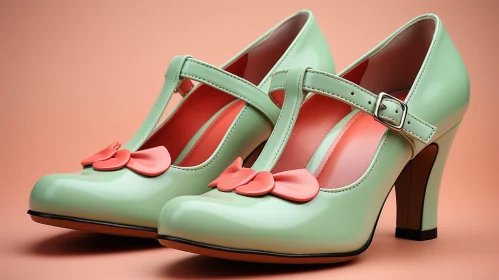 Mint Green Vintage Women's Shoes with Coral Pink Bows