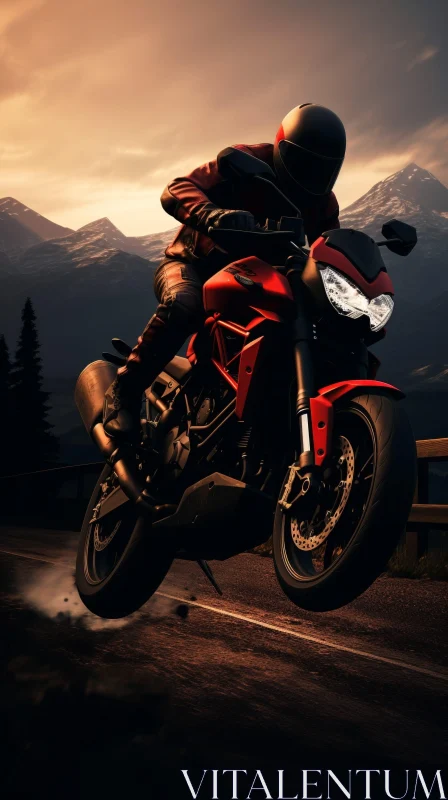 Red Sport Bike Motorcyclist in Mountain Sunset Scene AI Image