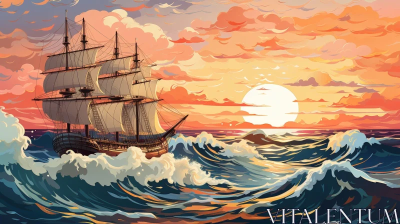 Ship Sailing on Rough Sea - Powerful Sea Painting AI Image