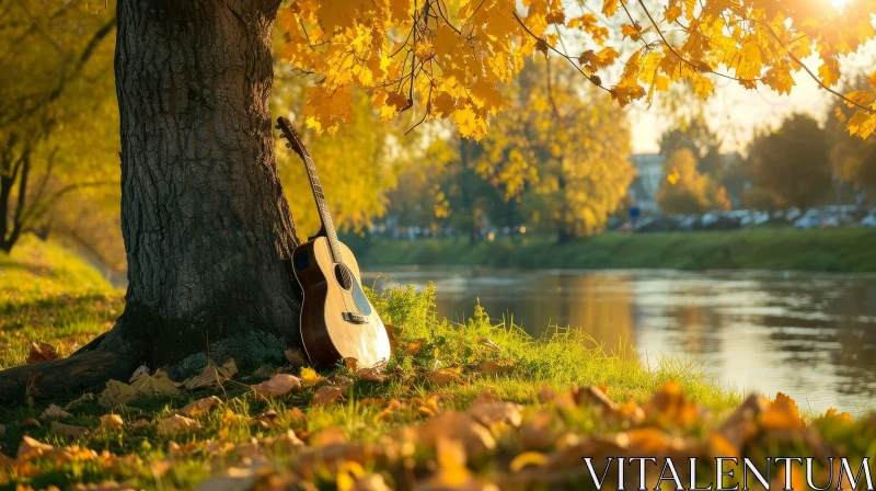 Tranquil Guitar by Tree in Park with River Background AI Image