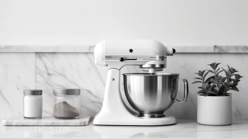White Kitchen Counter with Mixer and Glass Jars