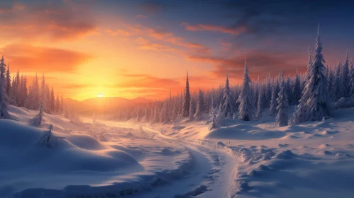 Winter Sunset in Snowy Forest