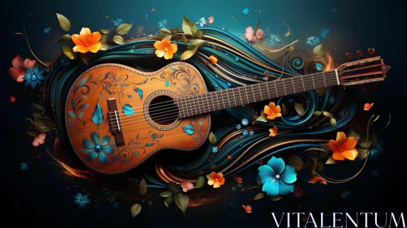 Wooden Guitar with Colorful Flowers - Still Life Composition AI Image