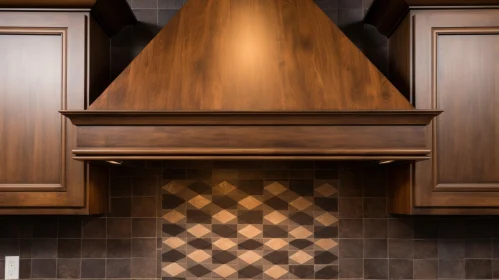 Wooden Kitchen Hood on Wall with Diamond Pattern Tiles