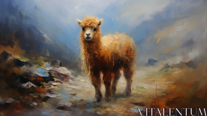 AI ART Alpaca in Mountainous Landscape - Realistic Painting