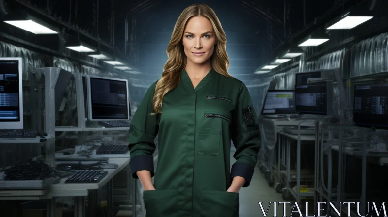 Futuristic Woman in Green Lab Coat with Computers AI Image