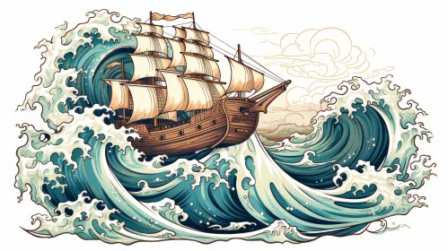 Traditional Sailing Ship in Danger - Digital Illustration