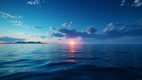 Tranquil Seascape at Sunset with Stars and Mountains