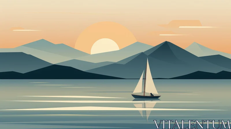 Tranquil Sunset Seascape Digital Painting AI Image