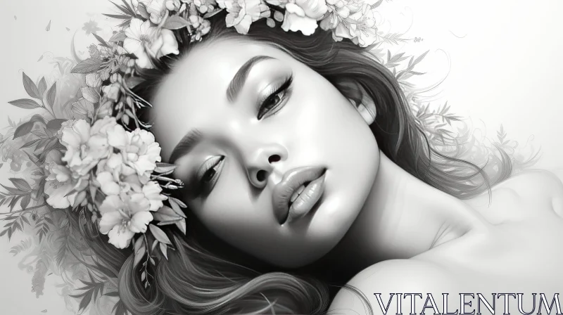 AI ART Beautiful Young Woman Portrait with Flowers in Black and White