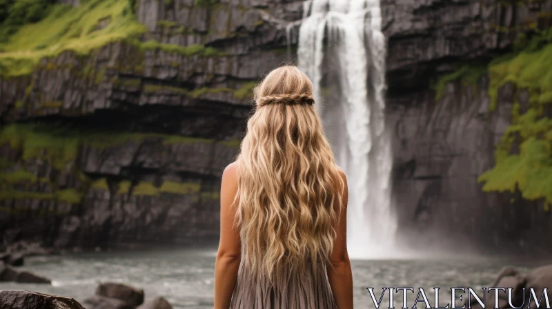Blond Woman by Waterfall in Gray Dress AI Image
