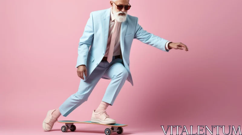 Elderly Man Skateboarding in Blue Suit AI Image