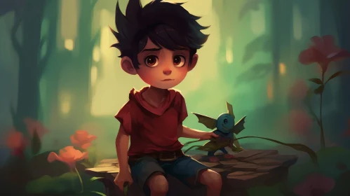 Enchanting Forest Scene with a Boy and Dragon