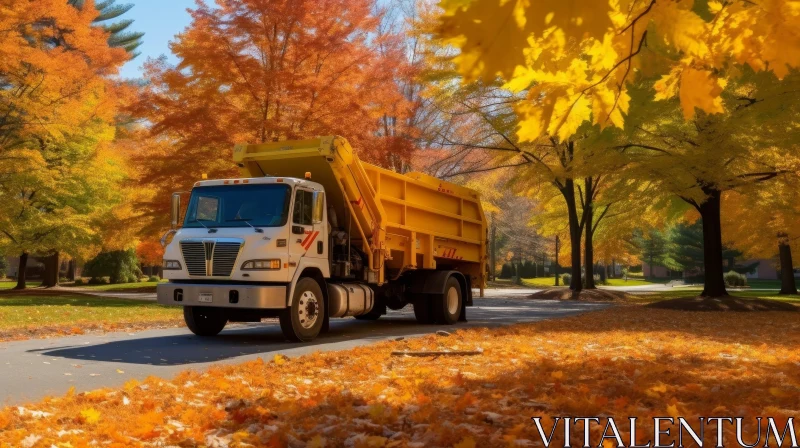 Fall Scene: White and Yellow Garbage Truck on Tree-Lined Street AI Image