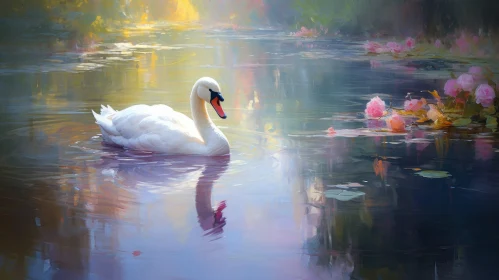 Graceful Swan in a Sunlit Pond Painting